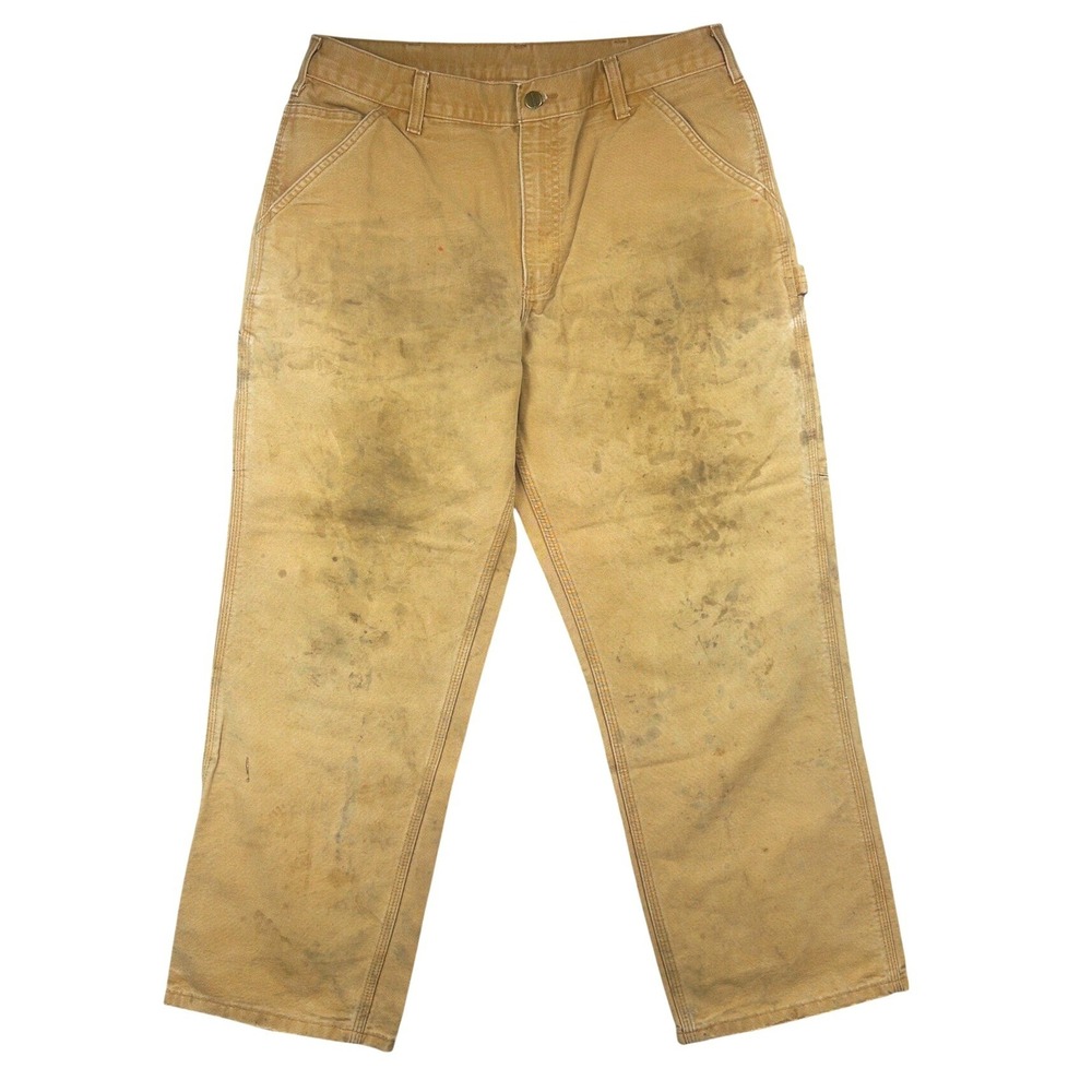 Y2K Carhartt Thrashed Work Pants Mens 34x30 Tan Duck Canvas Carpenter Grunge